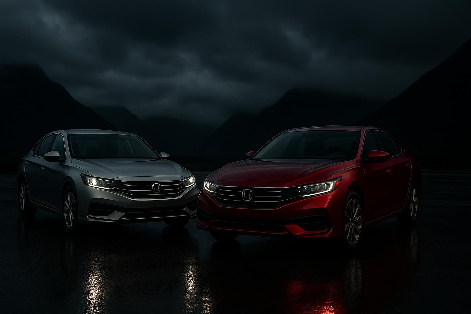 Toyota Camry and Honda Accord side by side on a wet road at night